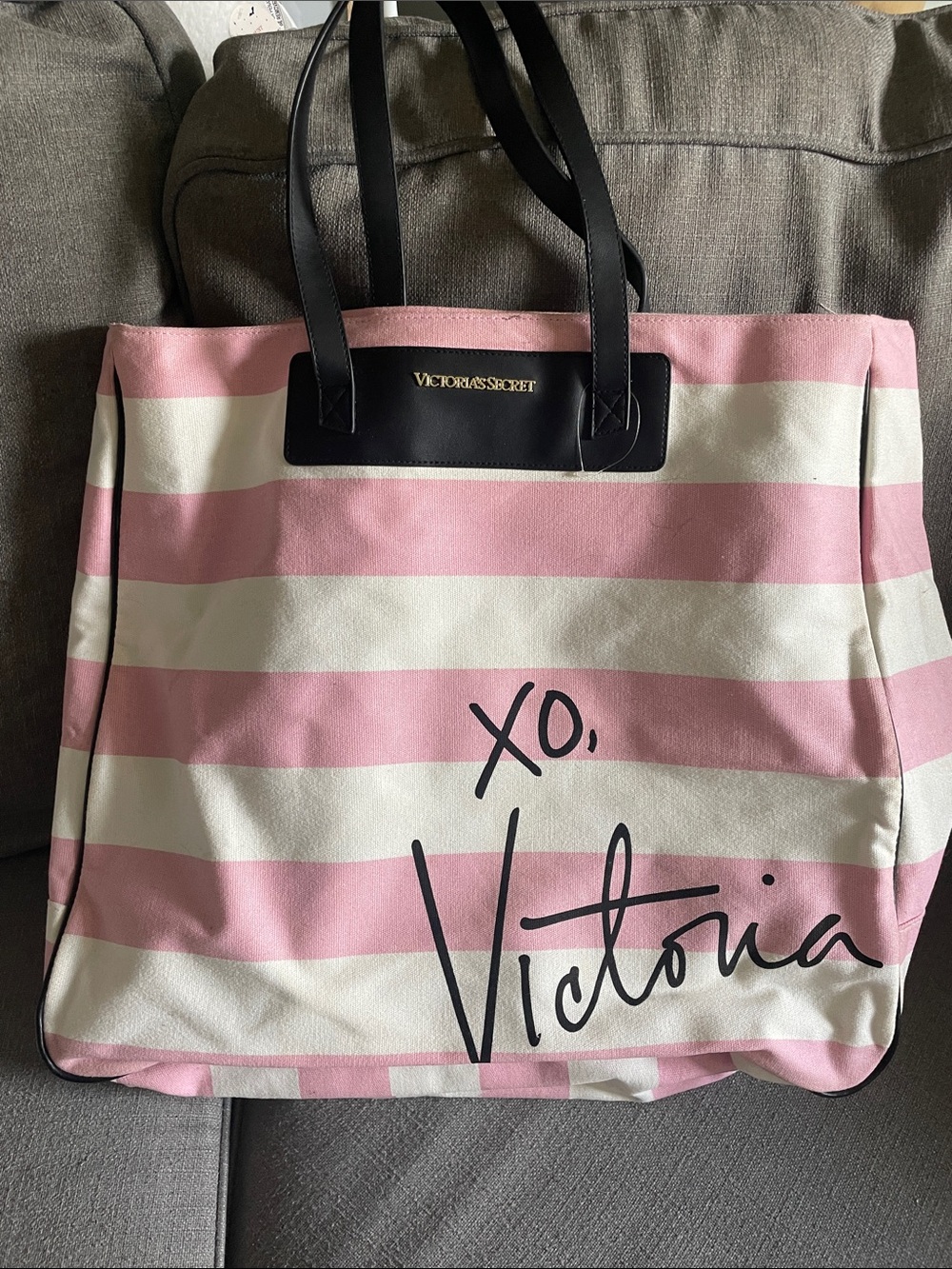 Victoria's Secret XO, Victoria signature Pink and Off White Striped Large Tote